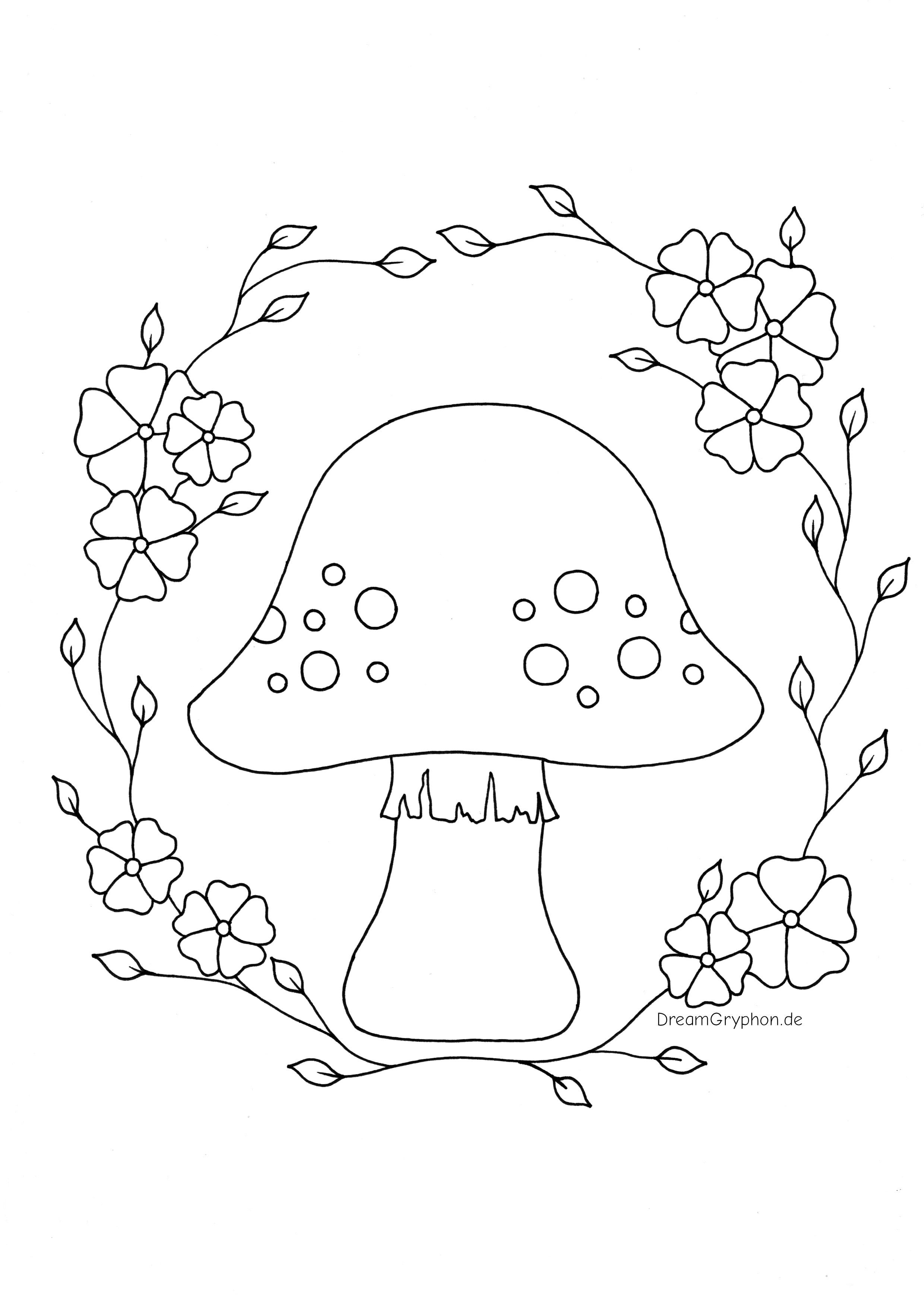 Coloring Page: Mushroom surrounded by leaves and blossoms.